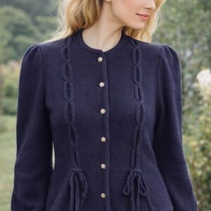 GEIGER Austria Navy Pure New Wool Cardigan Jacket Puff Sleeve Tie Back